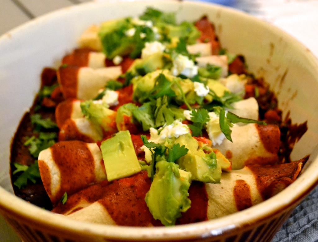 Vegetarian Sweet Potato, Zucchini, Black Bean & Goat Cheese Enchiladas