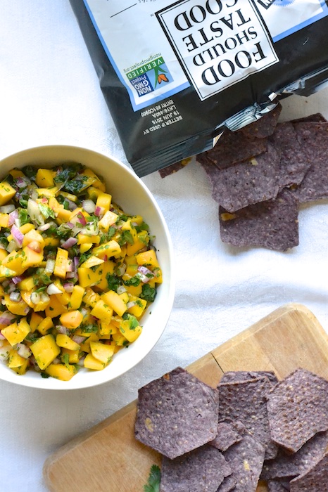 5 Ingredient Mango Salsa with Blue Corn Tortilla Chips from Food Should Taste Good | thefreshfind.com