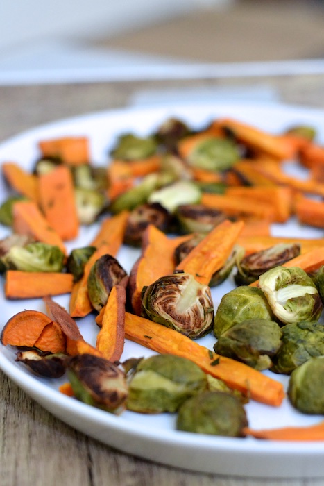 Roasted sweet potatoes and brussels sprouts